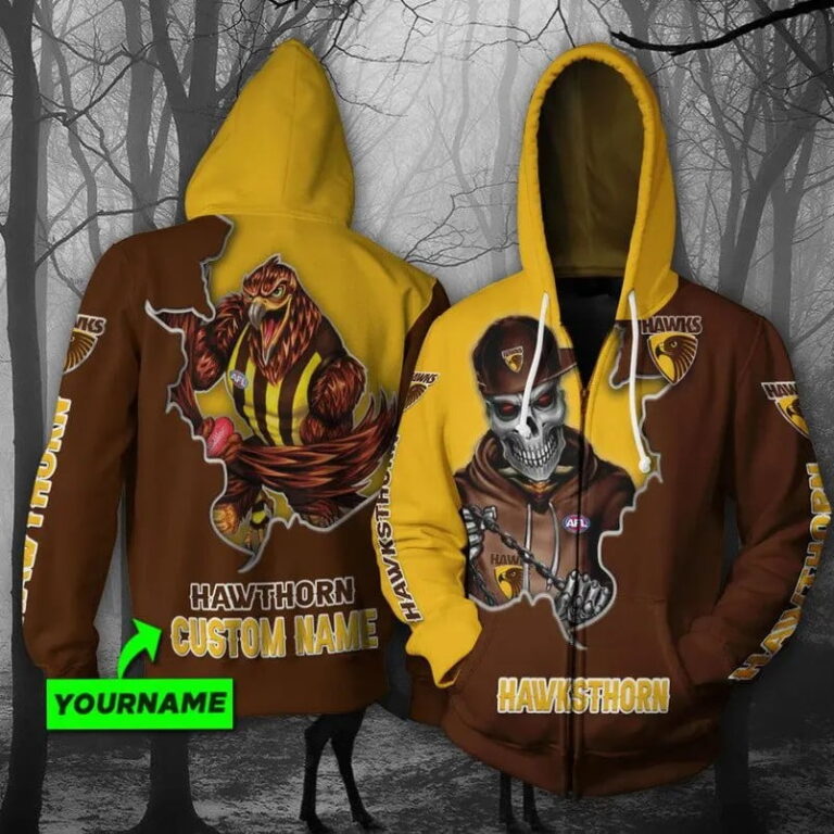 AFL Hawthorn Hawks Custom Name Mascot Skull Zip Up Hoodie