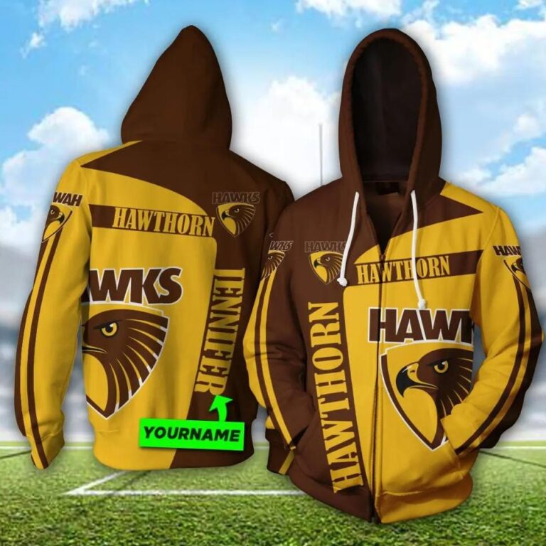 AFL Hawthorn Hawks Custom Name Brown Gold Zip Up Hoodie