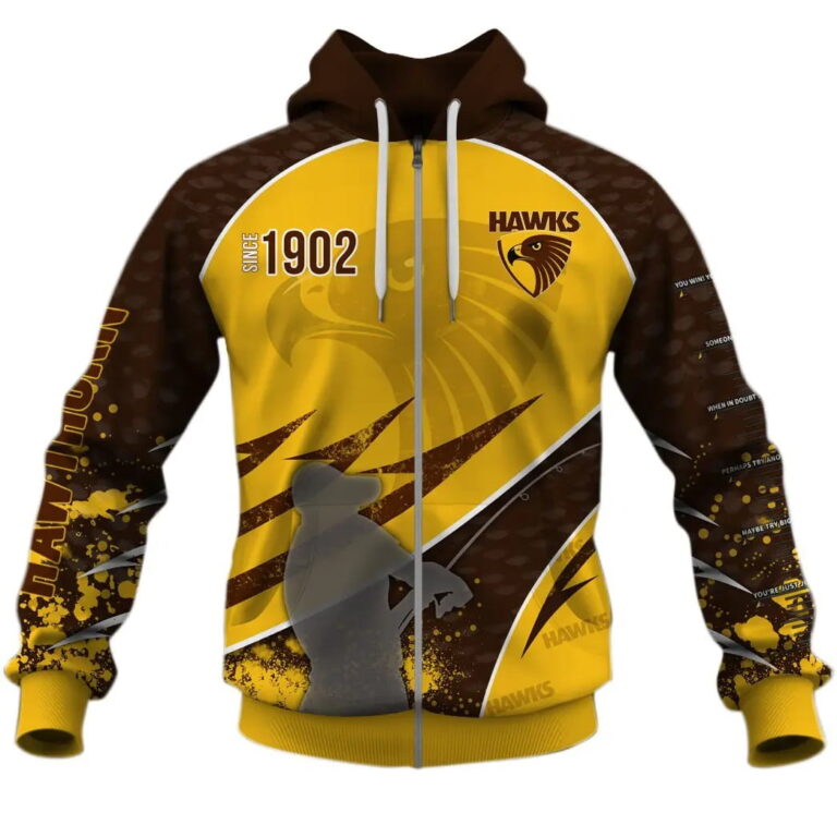 AFL Hawthorn Hawks Custom Name Number Fishing Zip Up Hoodie