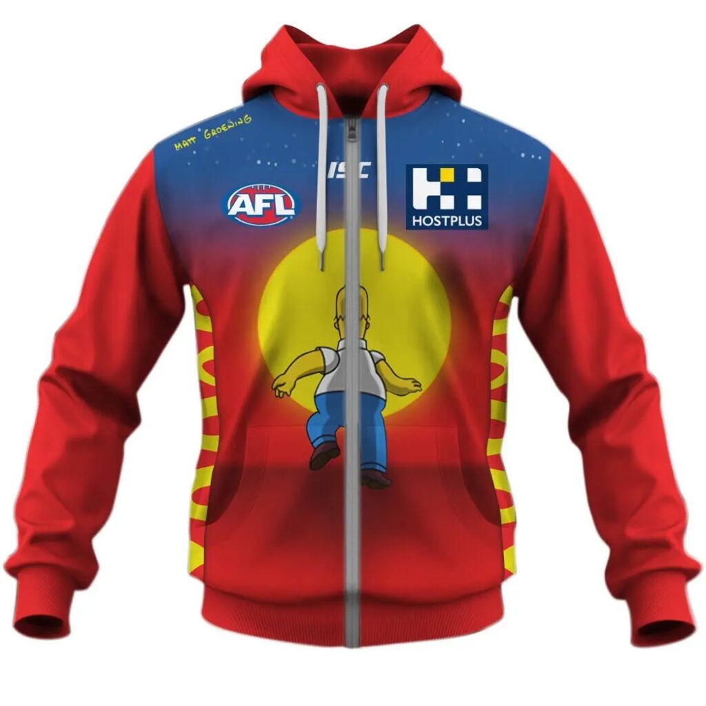 AFL Gold Coast Suns Custom Name Number The Simpsons Guernsey Zip Up Hoodie