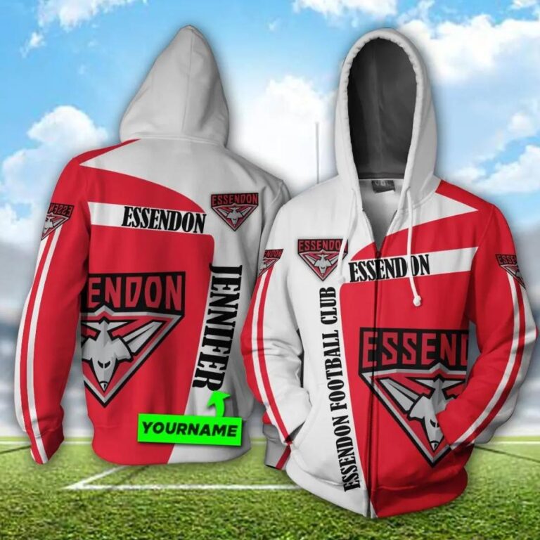 AFL Essendon Bombers Custom Name Red White Zip Up Hoodie