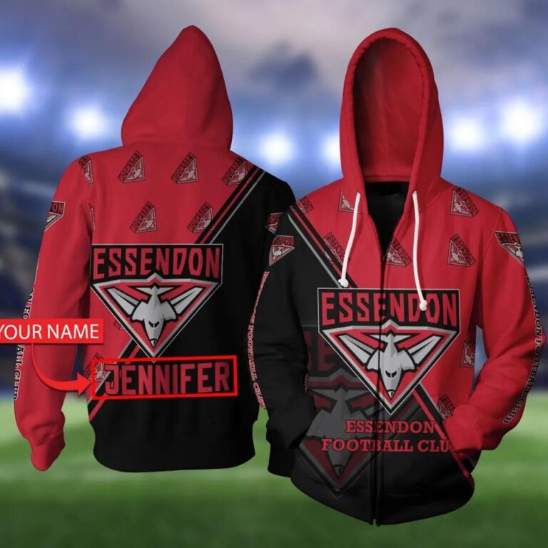 AFL Essendon Bombers Custom Name Red Black Zip Up Hoodie