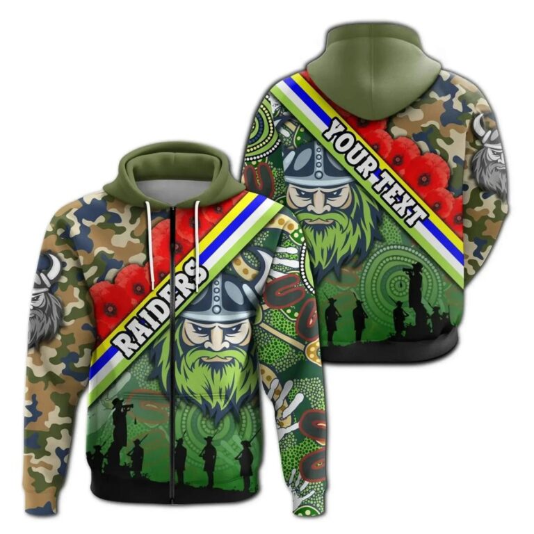 NRL Canberra Raiders Custom Name Anzac Day Zip Up Hoodie