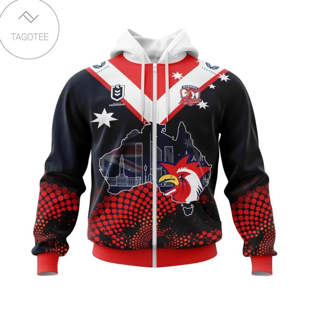 NRL Sydney Roosters Custom Name Number Red Black Zip Up Hoodie