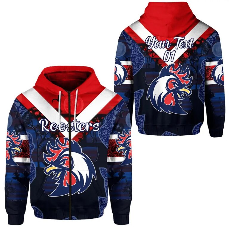 NRL Sydney Roosters Custom Name Number Indigenous Zip Up Hoodie