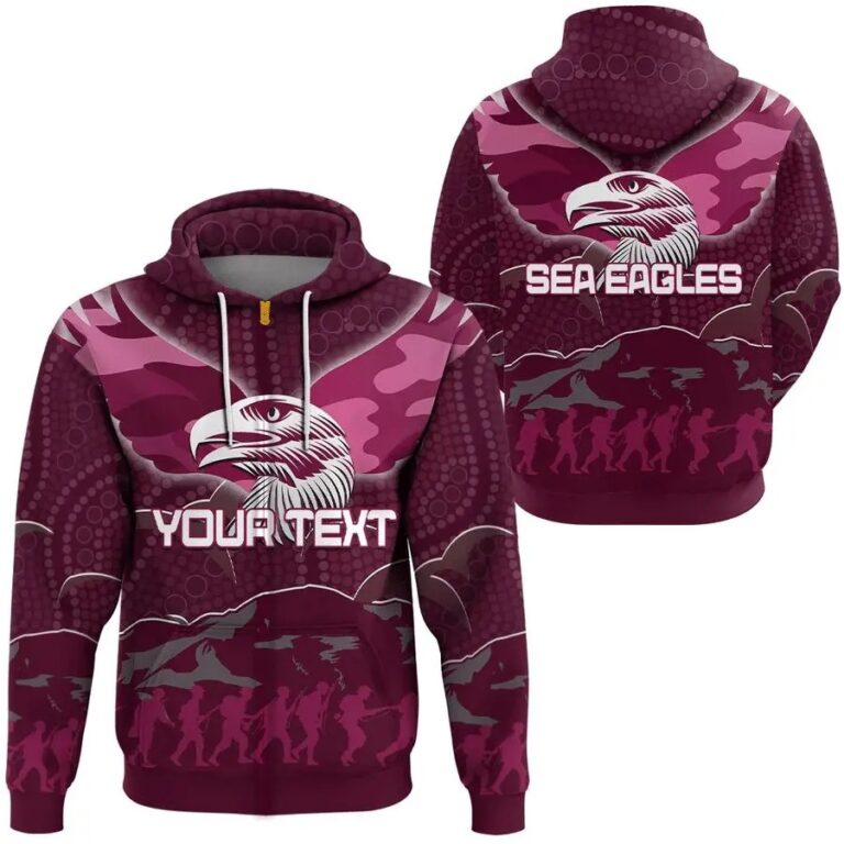 NRL Manly Warringah Sea Eagles Custom Text ANZAC Day Zip Up Hoodie