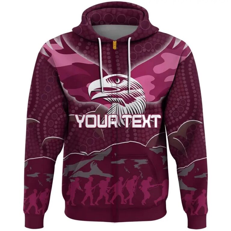 NRL Manly Warringah Sea Eagles Custom Text ANZAC Day Zip Up Hoodie