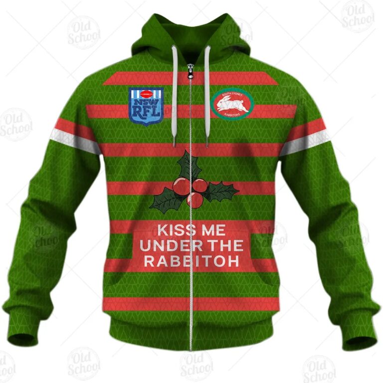 NRL South Sydney Rabbitohs Custom Name Number Christmas Knit Pattern Vintage Zip Up Hoodie