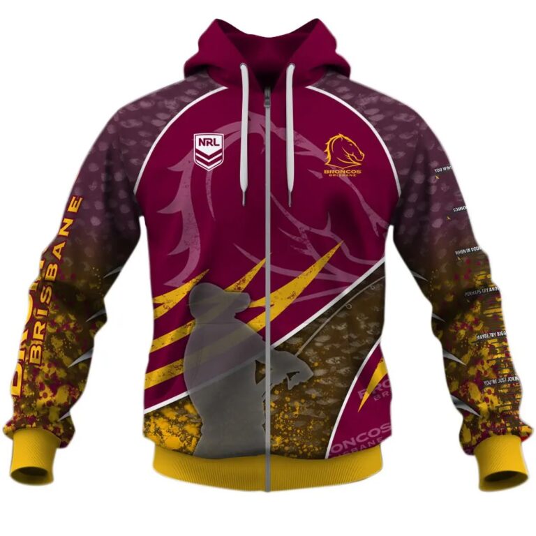 NRL Brisbane Broncos Custom Name Number Fishing T59 Zip Up Hoodie