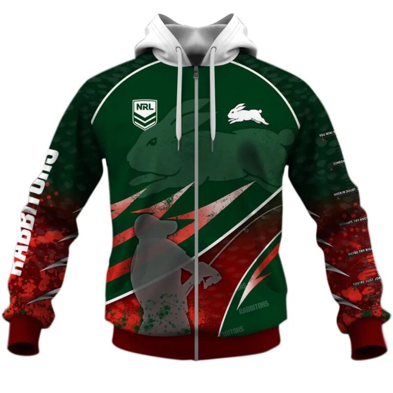 NRL South Sydney Rabbitohs Custom Name Number Fishing T59 Zip Up Hoodie