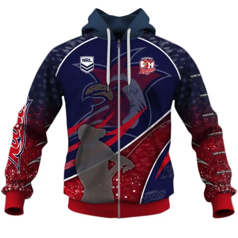NRL Sydney Roosters Custom Name Number Fishing T59 Zip Up Hoodie