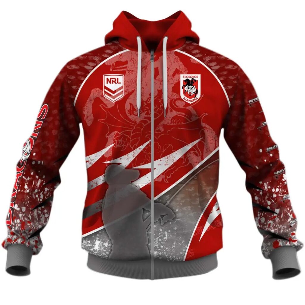 NRL St. George Illawarra Dragons Custom Name Number Fishing T59 Zip Up Hoodie