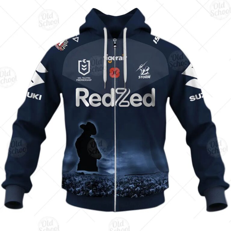 NRL Melbourne Storm Custom Name Number ANZAC Day Zip Up Hoodie