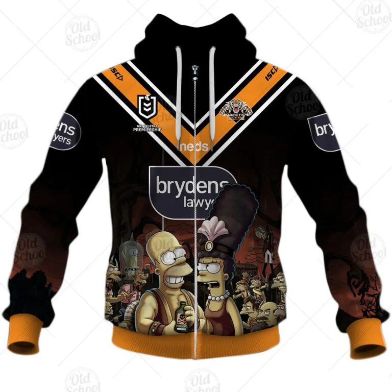 NRL Wests Tigers Custom Name Number x The Simpsons 2020 Halloween Zip Up Hoodie