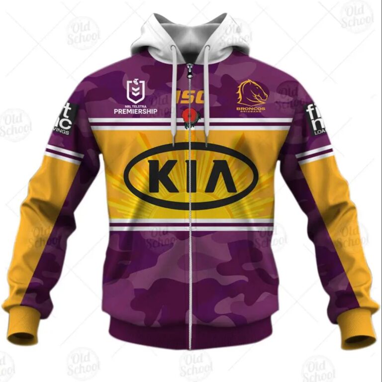 NRL Brisbane Broncos Custom Name Number ANZAC 2020 Zip Up Hoodie
