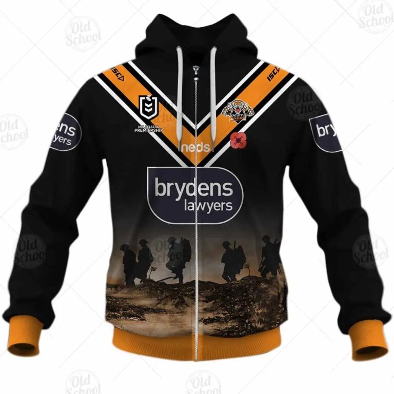NRL Wests Tigers Custom Name Number ANZAC 2020 Zip Up Hoodie