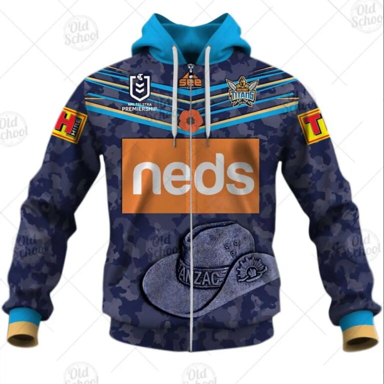 NRL Gold Coast Titans Custom Name Number ANZAC 2020 Zip Up Hoodie