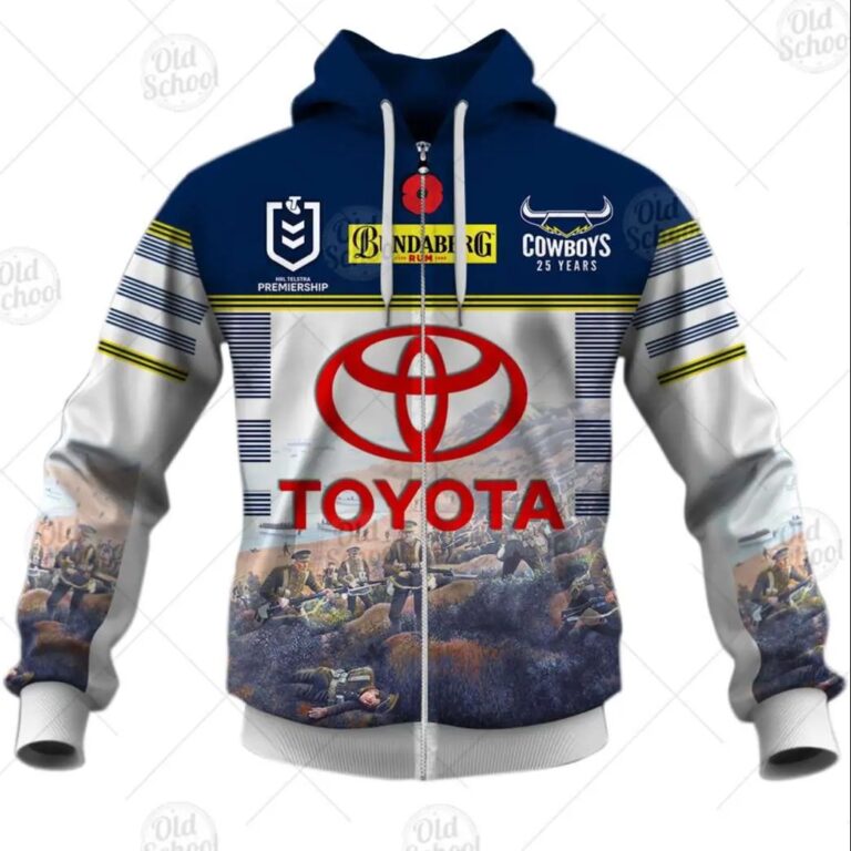 NRL North Queensland Cowboys Custom Name Number ANZAC 2020 Zip Up Hoodie