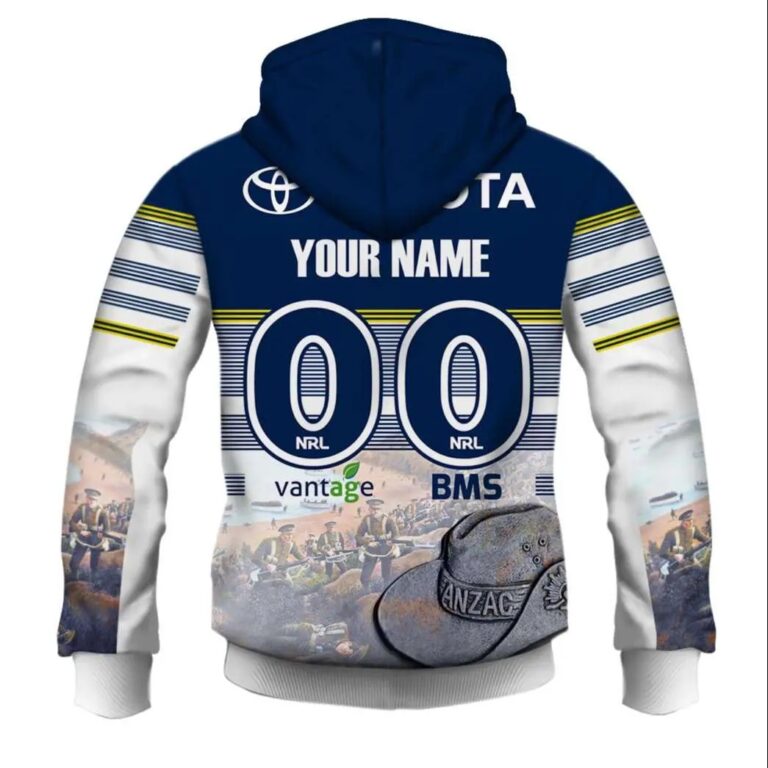 NRL North Queensland Cowboys Custom Name Number ANZAC 2020 Zip Up Hoodie