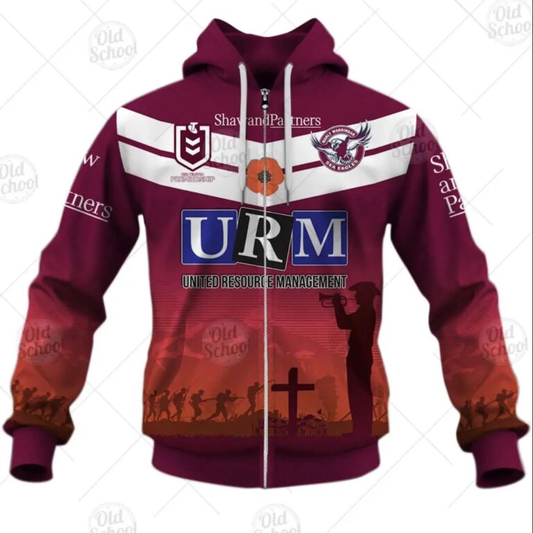NRL Manly Warringah Sea Eagles Custom Name Number ANZAC 2020 Zip Up Hoodie