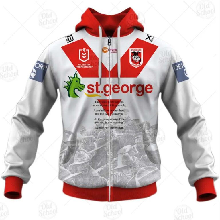 NRL St. George Illawarra Dragons Custom Name Number ANZAC 2020 Zip Up Hoodie