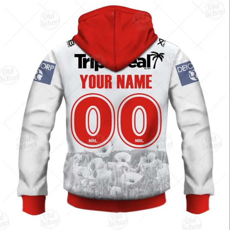 NRL St. George Illawarra Dragons Custom Name Number ANZAC 2020 Zip Up Hoodie