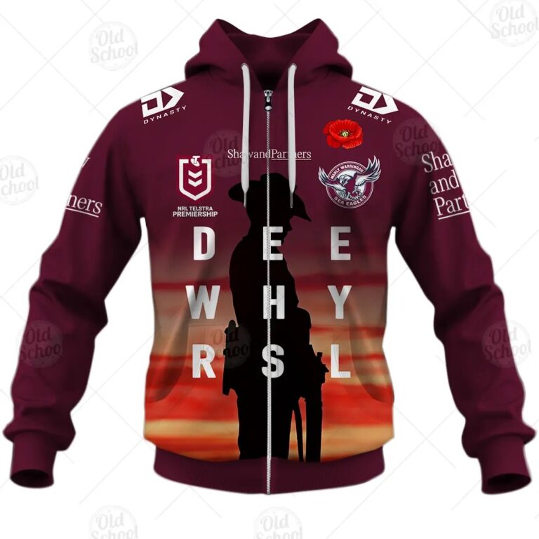 NRL Manly Warringah Sea Eagles Custom Name Number 2021 ANZAC Zip Up Hoodie
