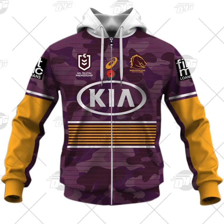 NRL Brisbane Broncos Custom Name Number 2021 ANZAC Zip Up Hoodie