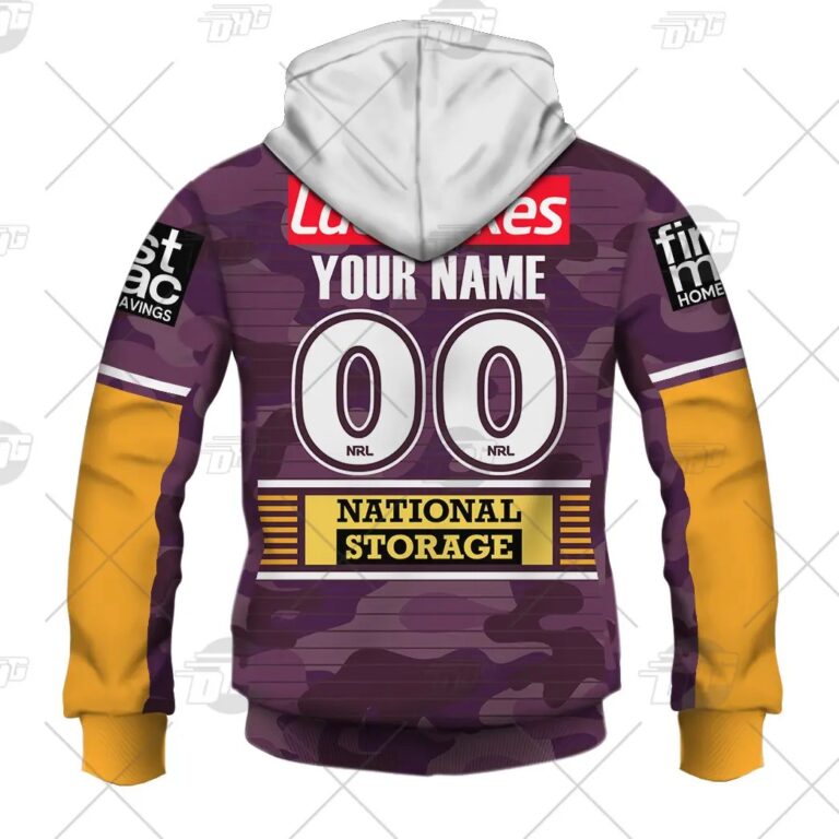 NRL Brisbane Broncos Custom Name Number 2021 ANZAC Zip Up Hoodie