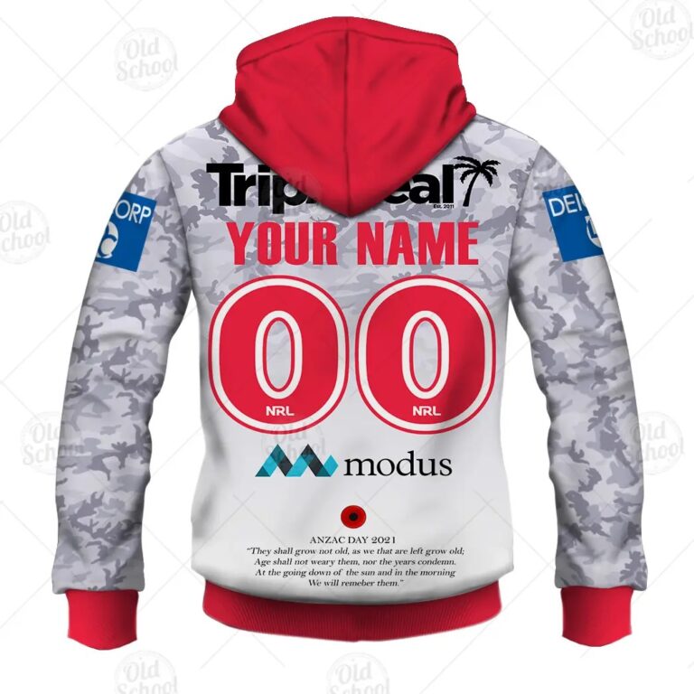 NRL St. George Illawarra Dragons Custom Name Number 2021 ANZAC Zip Up Hoodie