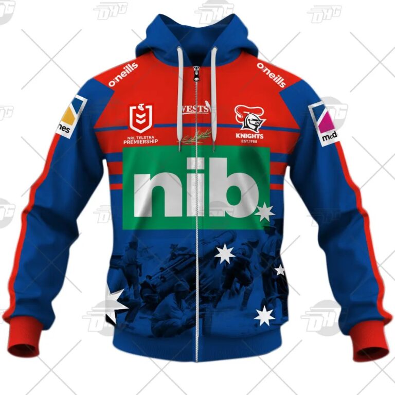 NRL Newcastle Knights Custom Name Number 2021 ANZAC Zip Up Hoodie