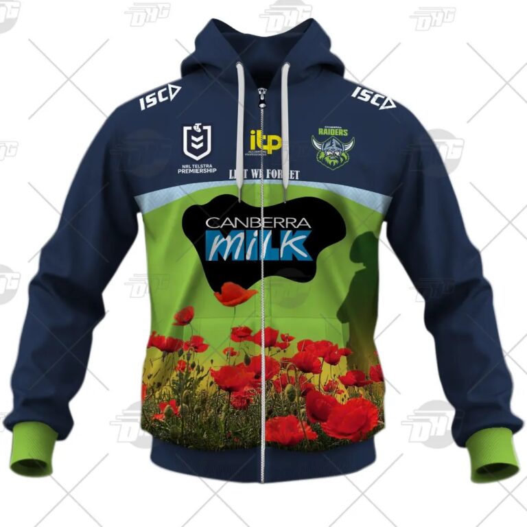NRL Canberra Raiders Custom Name Number 2021 ANZAC Zip Up Hoodie