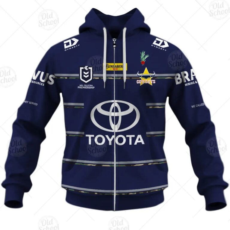 NRL North Queensland Cowboys Custom Name Number 2021 ANZAC Defence Zip Up Hoodie