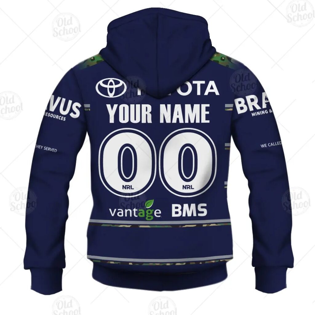 NRL North Queensland Cowboys Custom Name Number 2021 ANZAC Defence Zip Up Hoodie