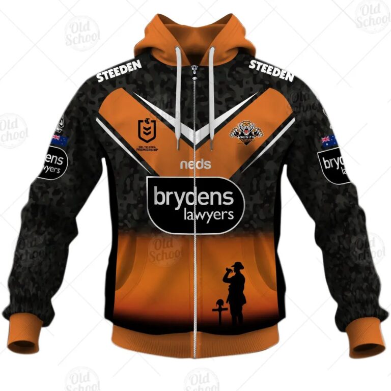 NRL Wests Tigers Custom Name Number 2021 ANZAC Zip Up Hoodie