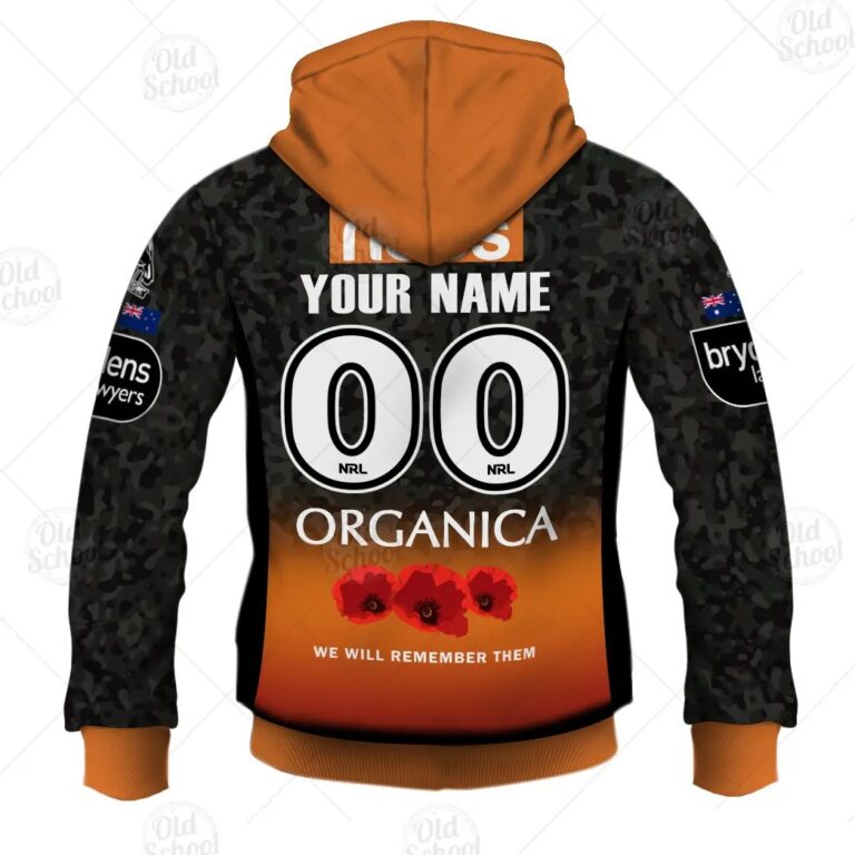 NRL Wests Tigers Custom Name Number 2021 ANZAC Zip Up Hoodie