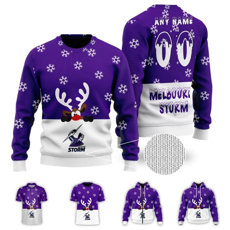 NRL Melbourne Storm Christmas | Custom Name & Number | Hoodie/Zip/T-Shirt/Knitted Sweaters/Polo