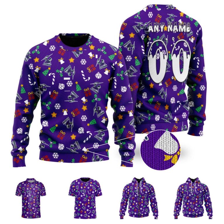 NRL Melbourne Storm Christmas | Custom Name & Number | Hoodie/Zip/T-Shirt/Knitted Sweaters/Polo