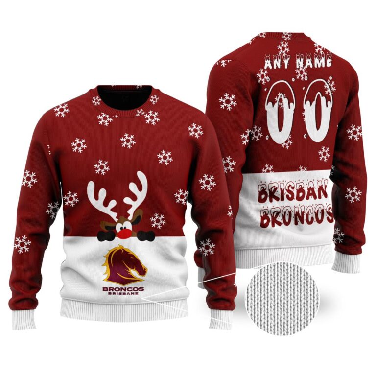 NRL Brisbane Broncos Christmas | Custom Name & Number | Hoodie/Zip/T-Shirt/Knitted Sweaters/Polo
