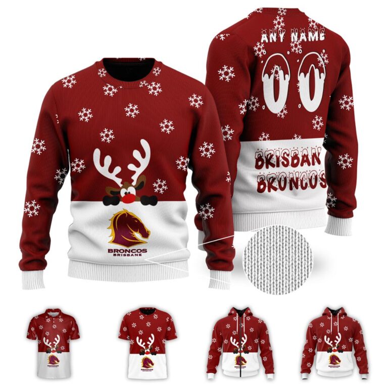 NRL Brisbane Broncos Christmas | Custom Name & Number | Hoodie/Zip/T-Shirt/Knitted Sweaters/Polo