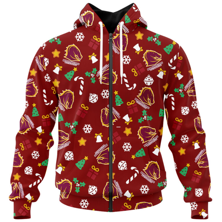NRL Brisbane Broncos Christmas | Custom Name & Number | Hoodie/Zip/T-Shirt/Knitted Sweaters/Polo