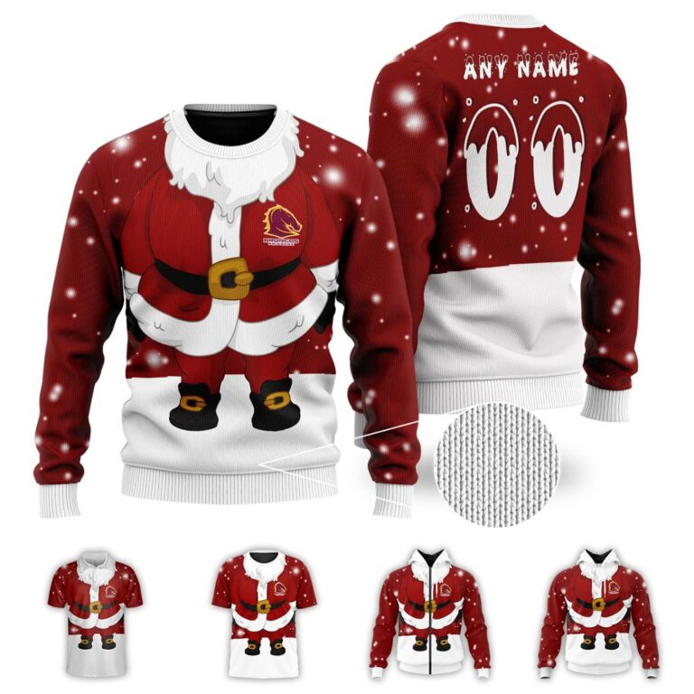 NRL Brisbane Broncos Christmas | Custom Name & Number | Hoodie/Zip/T-Shirt/Knitted Sweaters/Polo