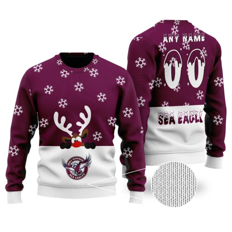 NRL Manly Warringah Sea Eagles Christmas | Custom Name & Number | Hoodie/Zip/T-Shirt/Knitted Sweaters/Polo