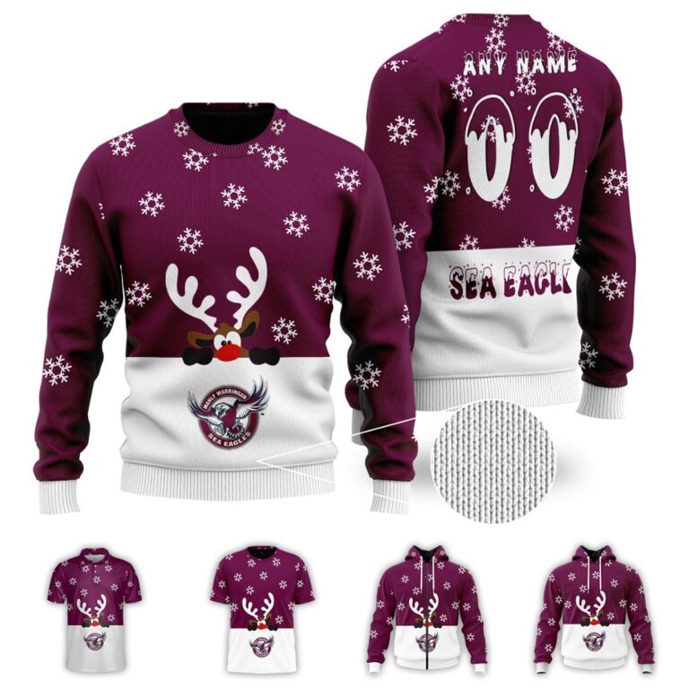 NRL Manly Warringah Sea Eagles Christmas | Custom Name & Number | Hoodie/Zip/T-Shirt/Knitted Sweaters/Polo
