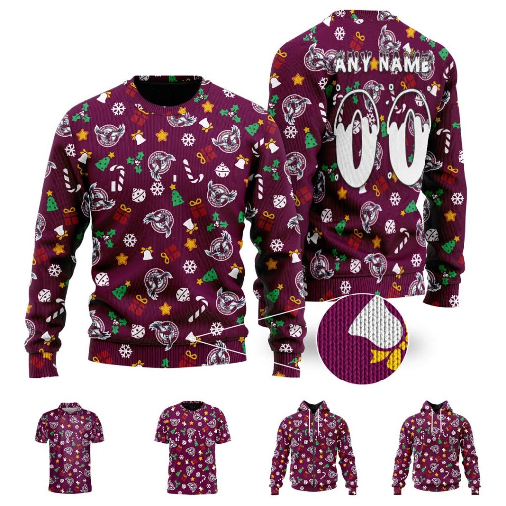 NRL Manly Warringah Sea Eagles Christmas | Custom Name & Number | Hoodie/Zip/T-Shirt/Knitted Sweaters/Polo
