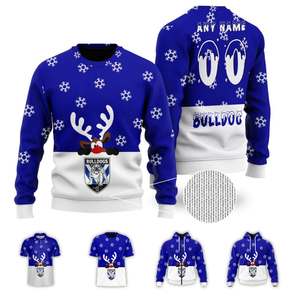 NRL Canterbury Bankstown Bulldogs Christmas | Custom Name & Number | Hoodie/Zip/T-Shirt/Knitted Sweaters/Polo