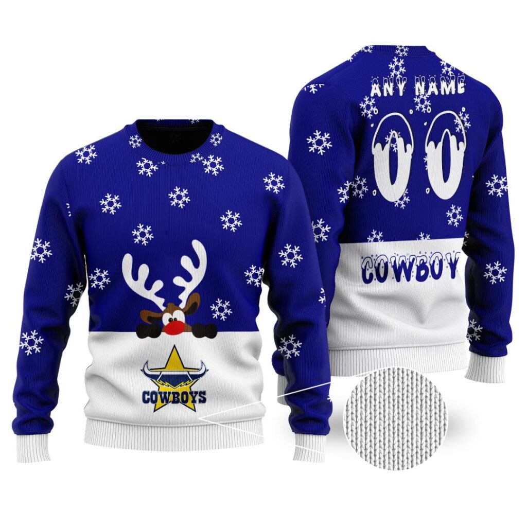 NRL North Queensland Cowboys Christmas | Custom Name & Number | Hoodie/Zip/T-Shirt/Knitted Sweaters/Polo