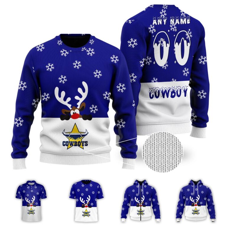NRL North Queensland Cowboys Christmas | Custom Name & Number | Hoodie/Zip/T-Shirt/Knitted Sweaters/Polo