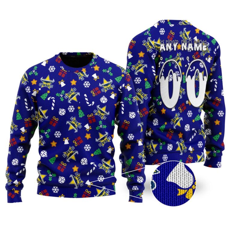 NRL North Queensland Cowboys Christmas | Custom Name & Number | Hoodie/Zip/T-Shirt/Knitted Sweaters/Polo