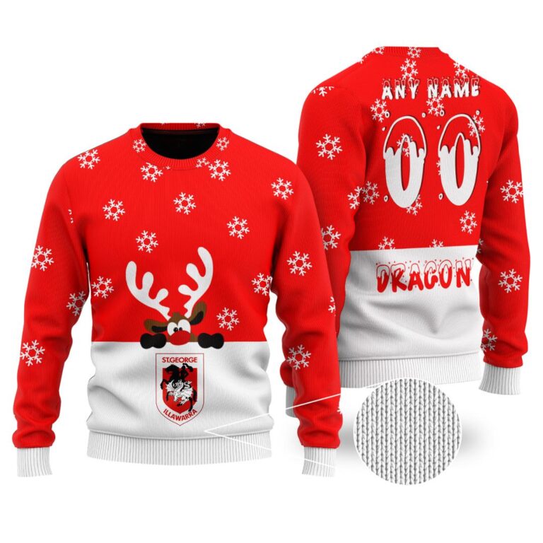 NRL St. George Illawarra Dragons Christmas | Custom Name & Number | Hoodie/Zip/T-Shirt/Knitted Sweaters/Polo
